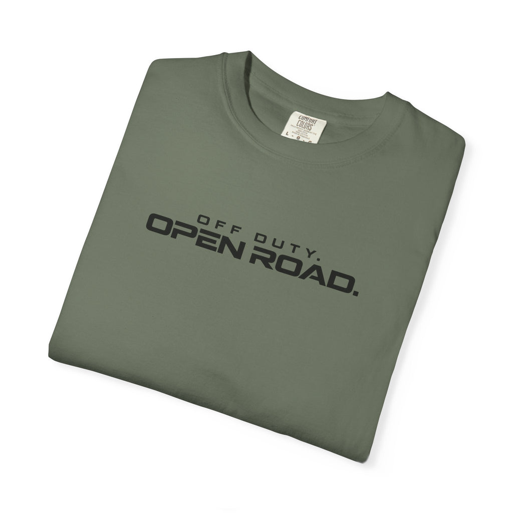Moss green crewneck T-shirt with 'Off Duty Open Road' chest graphic