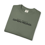 Moss green crewneck T-shirt with 'Off Duty Open Road' chest graphic