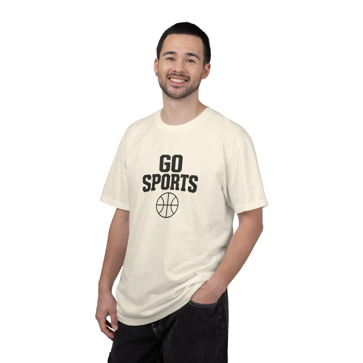 Ivory basketball T-shirt with “Go Sports” logo on front