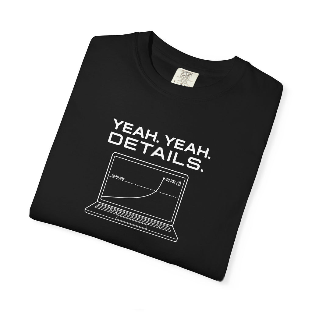 Black crew-neck T-shirt laid flat with large front laptop graphic and text.