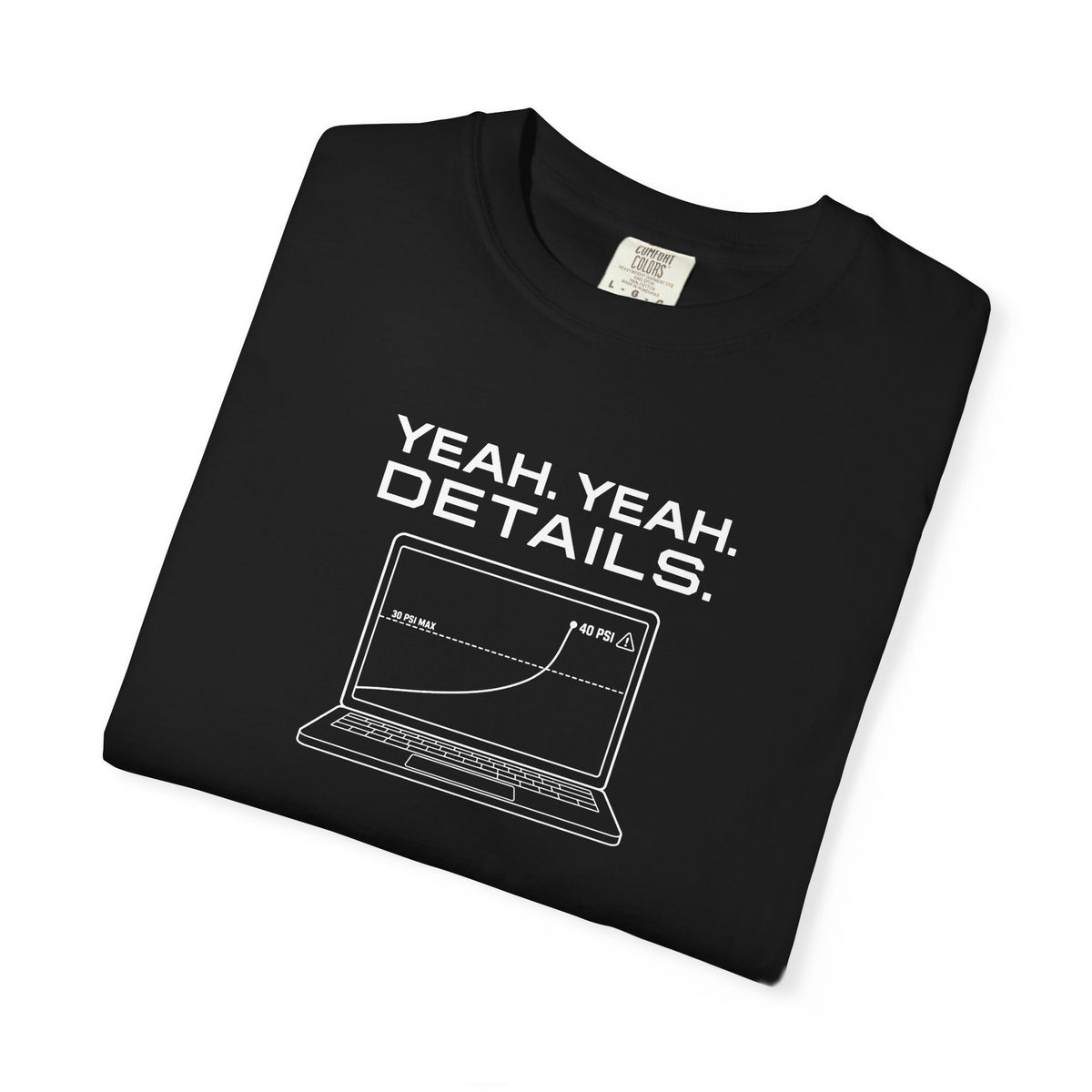 Black crew-neck T-shirt laid flat with large front laptop graphic and text.