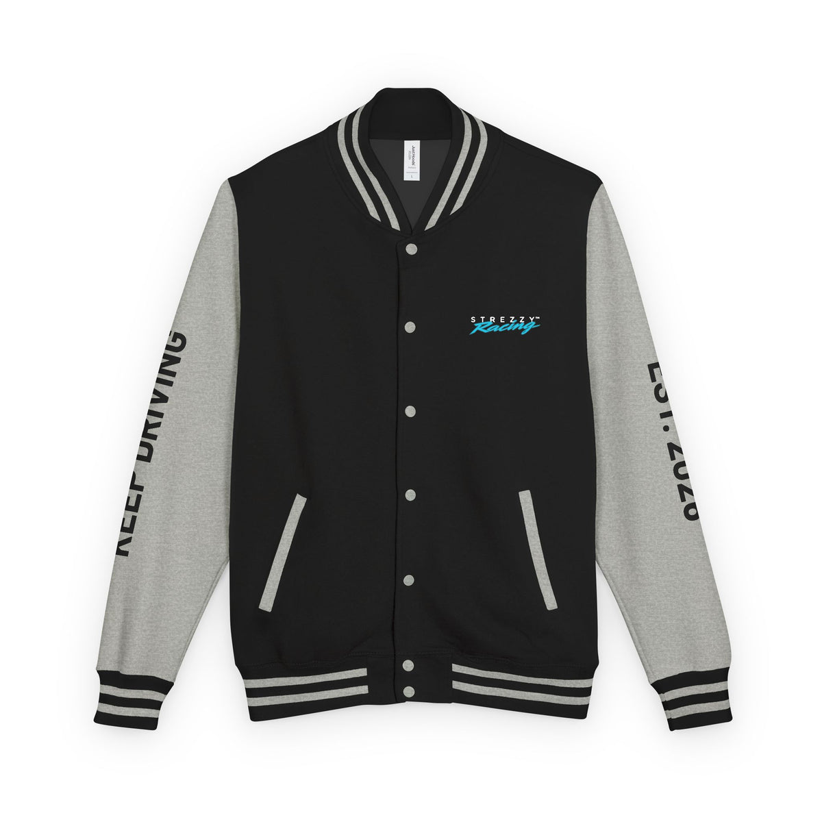 Dark varsity racing jacket with heather gray sleeves, striped rib trim, snap-button front, chest logo