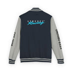 Racing varsity jacket back view, black body with heather gray sleeves; striped ribbed collar and hem