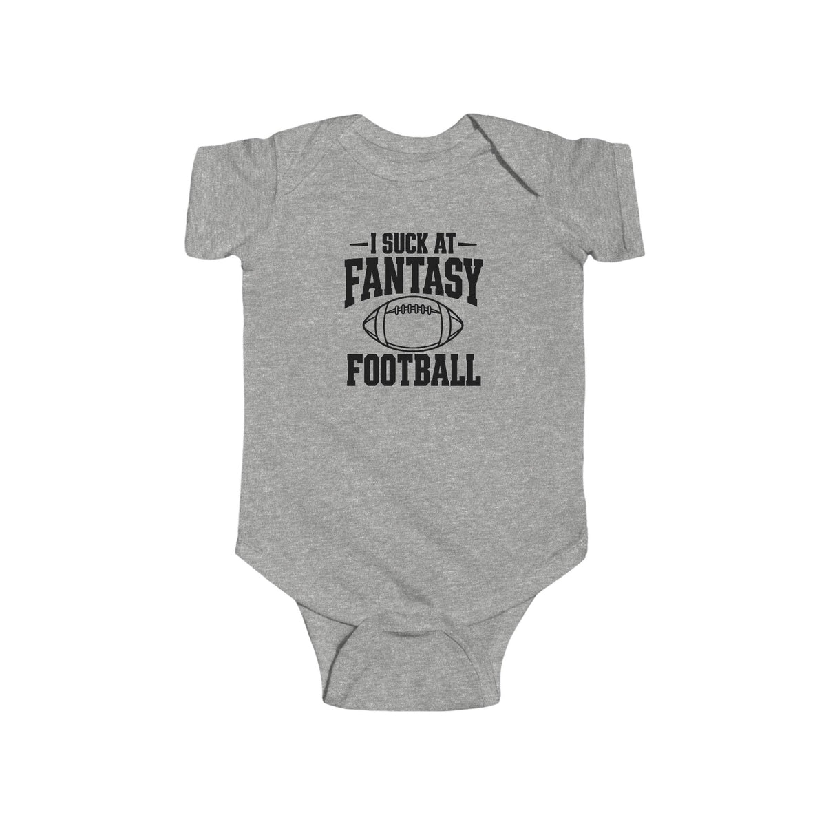 Heather gray baby bodysuit with football graphic and slogan print on the front
