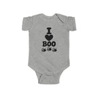 Heather gray baby bodysuit with “I Boo” heart and spider graphic on the front