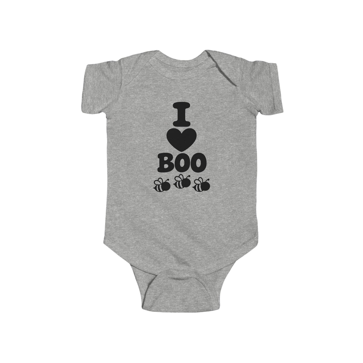 Heather gray baby bodysuit with “I Boo” heart and spider graphic on the front