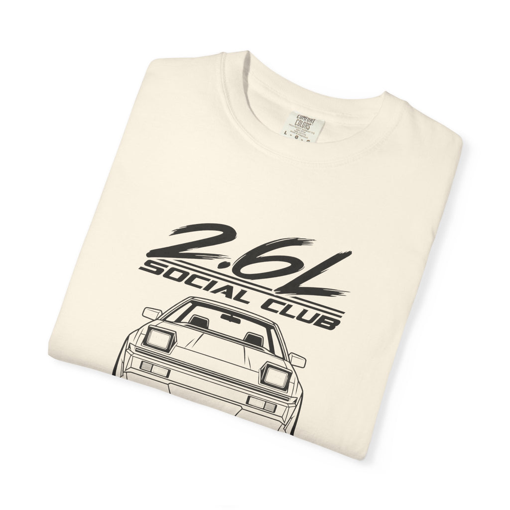 Ivory crew-neck T-shirt with 2.6L Social Club car graphic on front