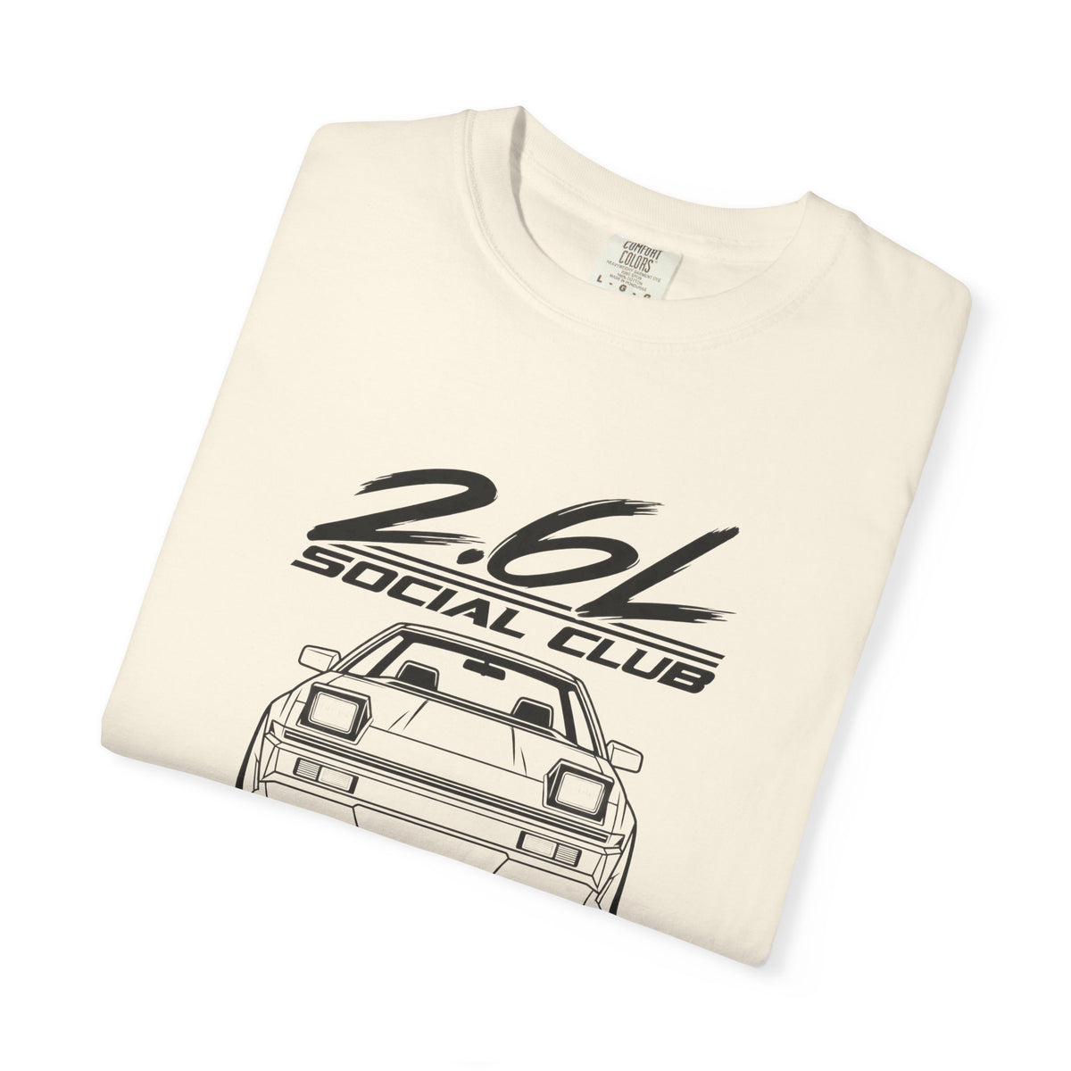 Ivory crew-neck T-shirt with 2.6L Social Club car graphic on front
