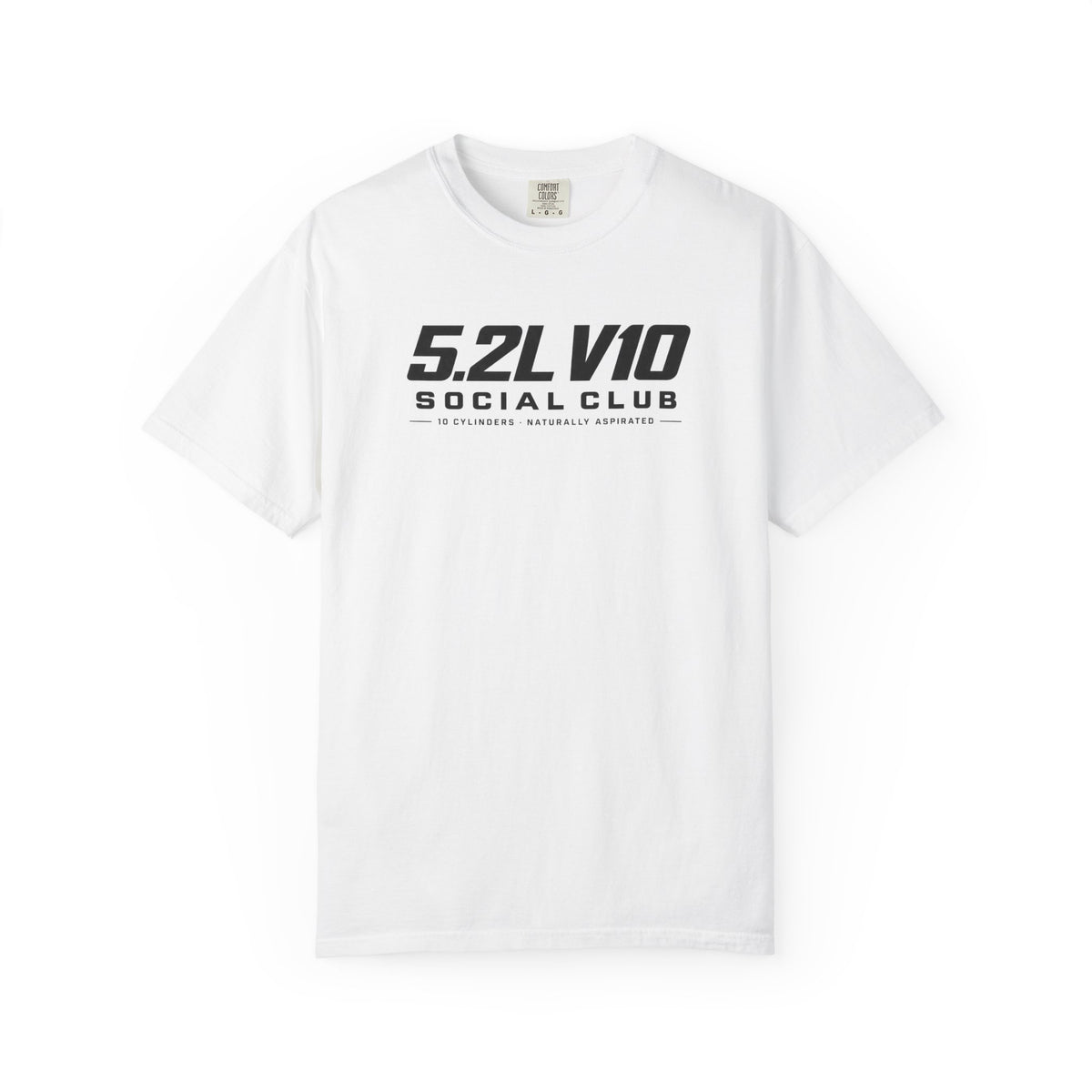White crewneck T-shirt with centered “5.2L V10 Social Club” graphic