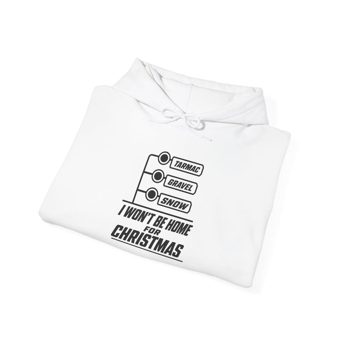 Folded white hoodie with drawstring hood and front graphic design.