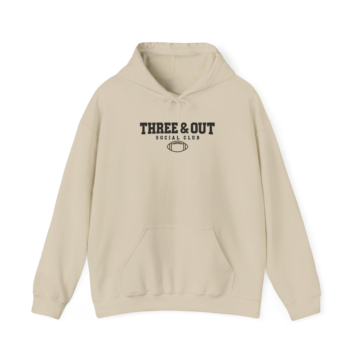 Sand pullover hoodie with front pouch pocket, drawstring hood, and Three & Out logo print