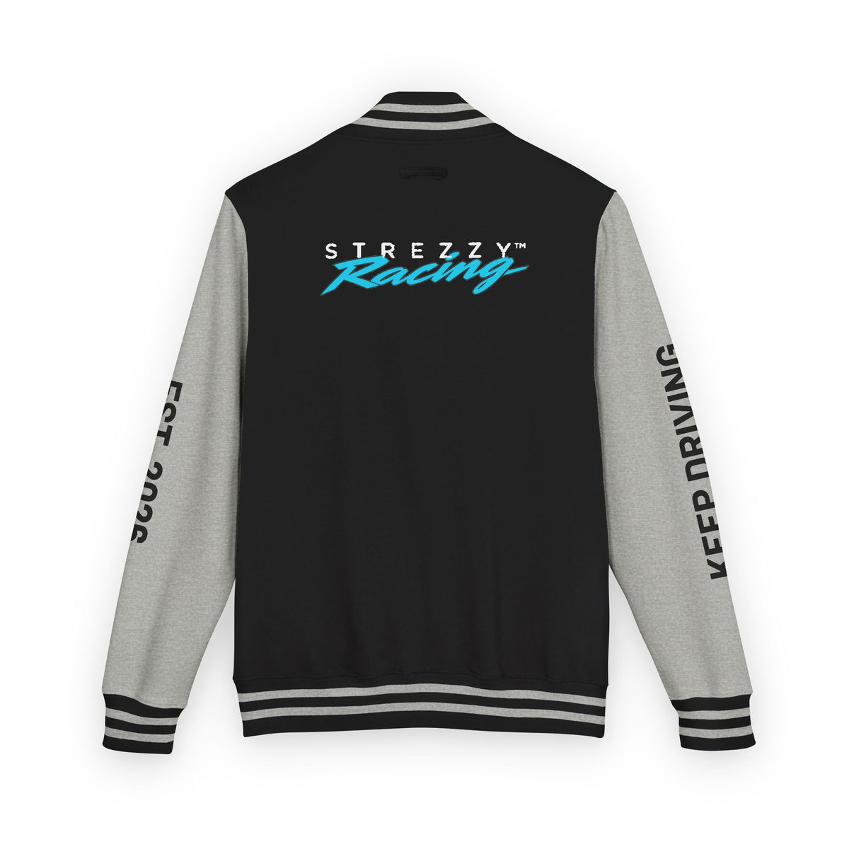 Back view of black varsity racing jacket with heather gray sleeves, striped rib trim, racing logo