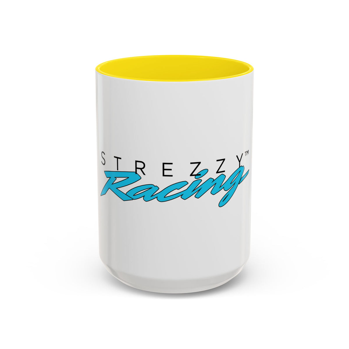 Racing accent mug with yellow interior and rim, white body, teal “Racing” graphic