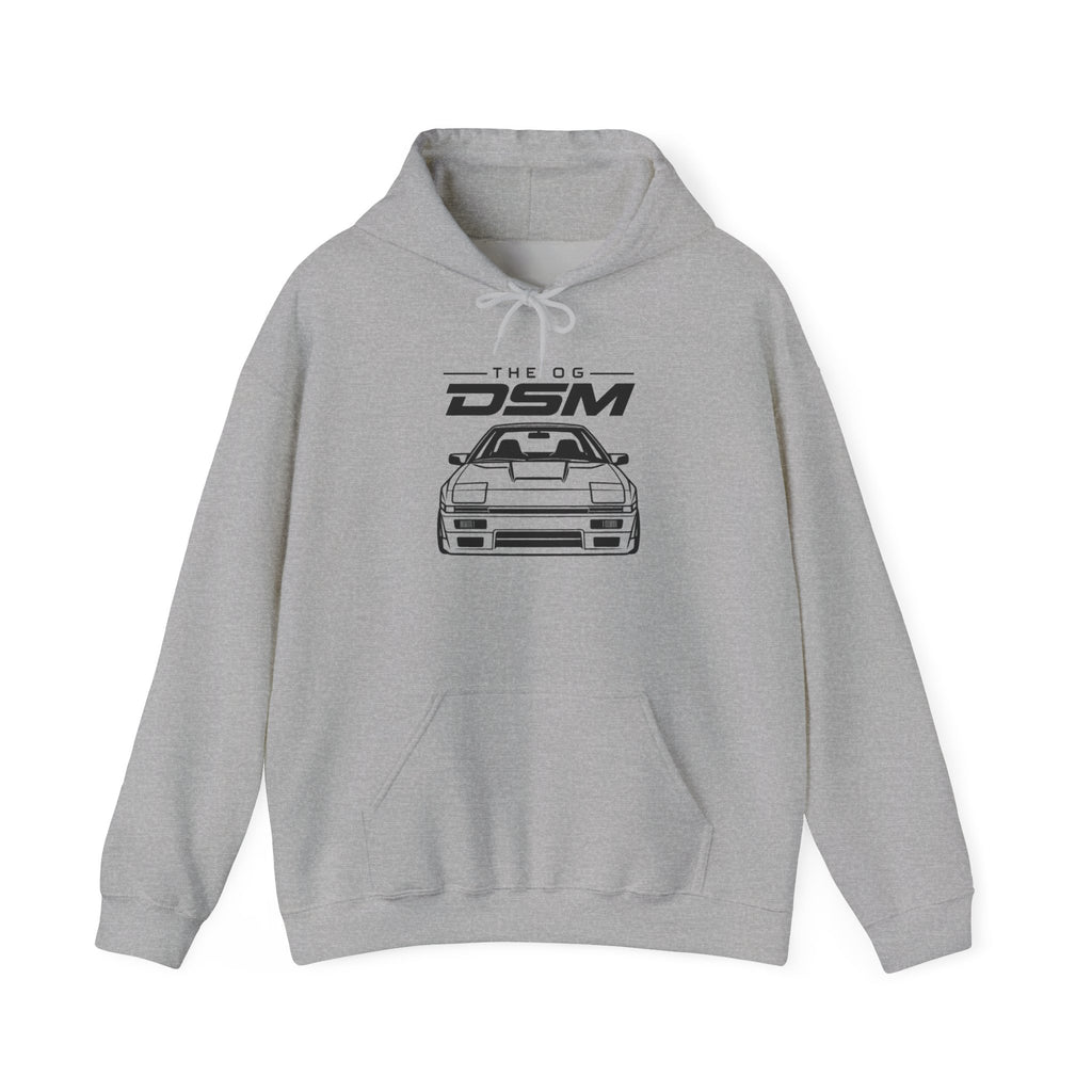 Sport gray pullover hoodie with front pocket and car logo graphic; drawstring hood.