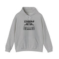 Sport gray pullover hoodie with front pocket and car logo graphic; drawstring hood.