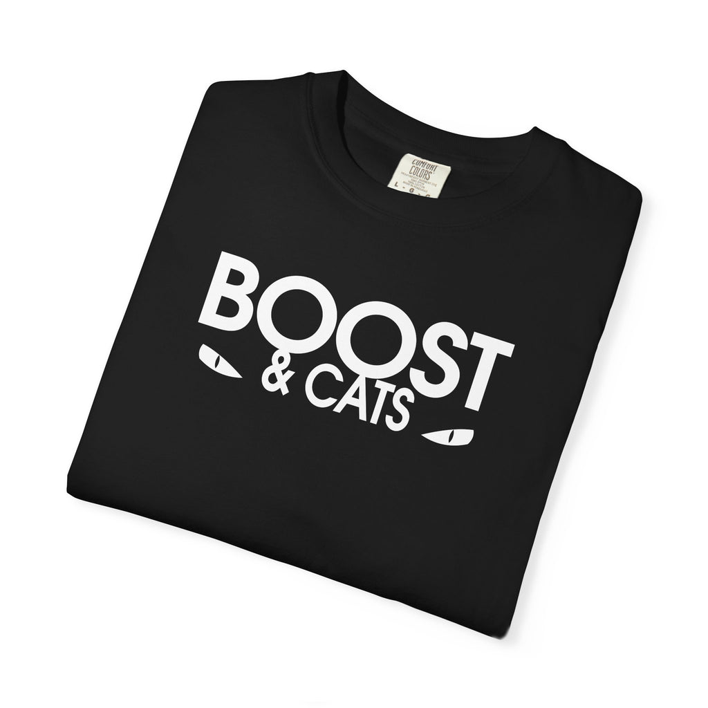 Black crewneck T-shirt with white “BOOST & CATS” graphic on front