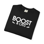 Black crewneck T-shirt with white “BOOST & CATS” graphic on front