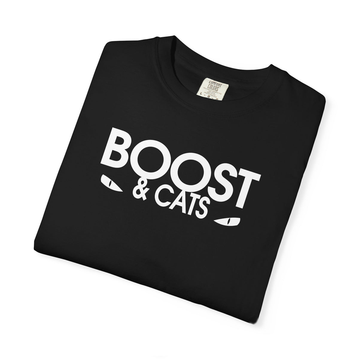 Black crewneck T-shirt with white “BOOST & CATS” graphic on front