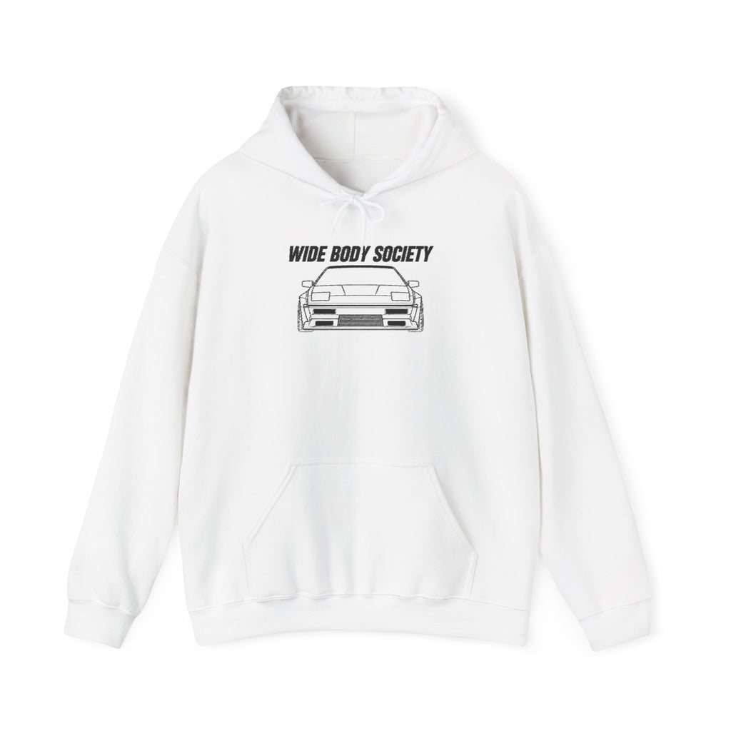 White pullover hoodie with front pocket and drawstring hood; car graphic on chest.