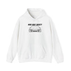 White pullover hoodie with front pocket and drawstring hood; car graphic on chest.