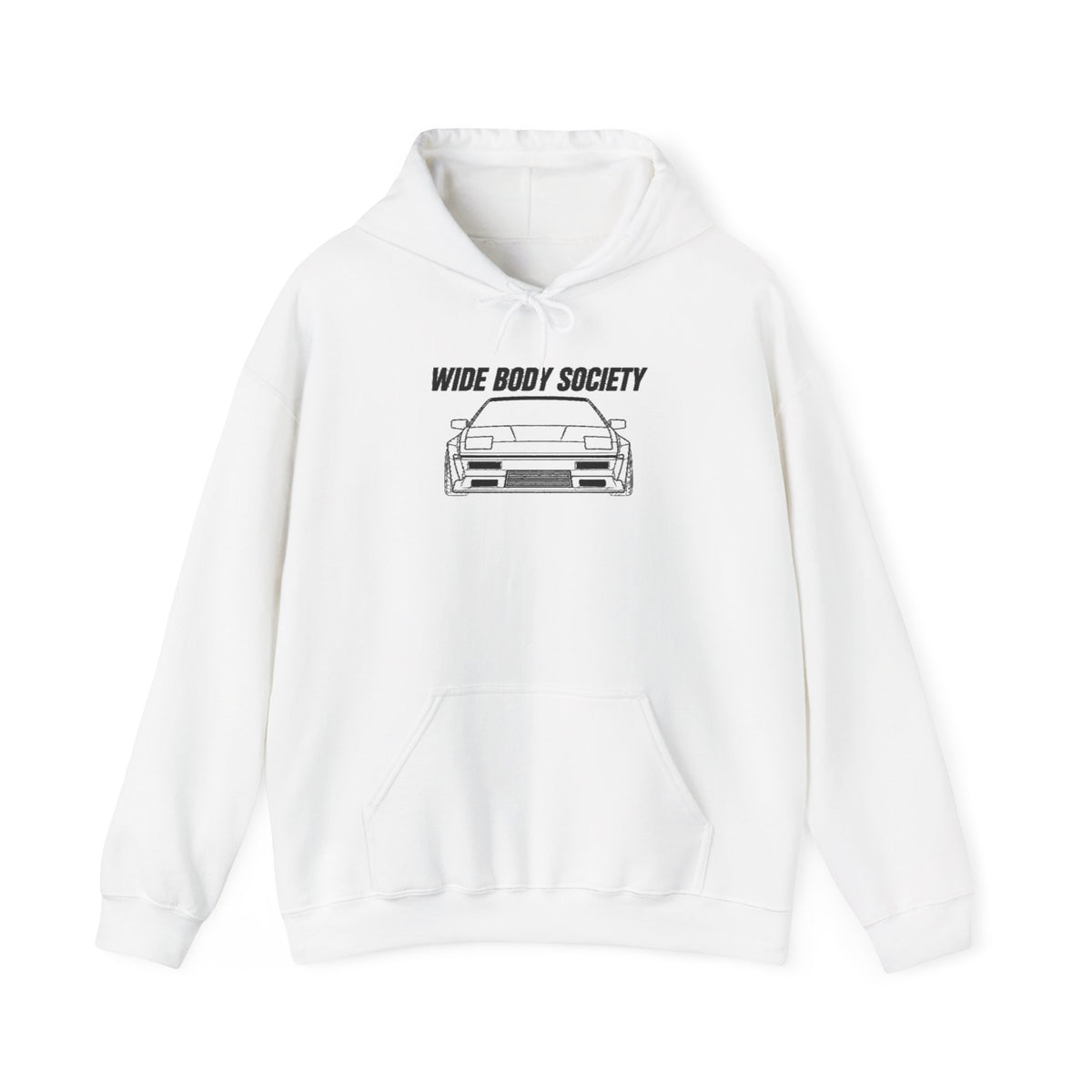 White pullover hoodie with front pocket and drawstring hood; car graphic on chest.