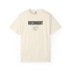 Ivory crewneck T-shirt with OVERNIGHT parts dept. box graphic on the chest