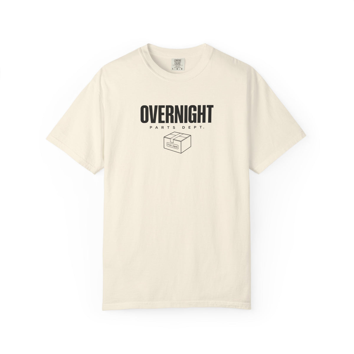 Ivory crewneck T-shirt with OVERNIGHT parts dept. box graphic on the chest