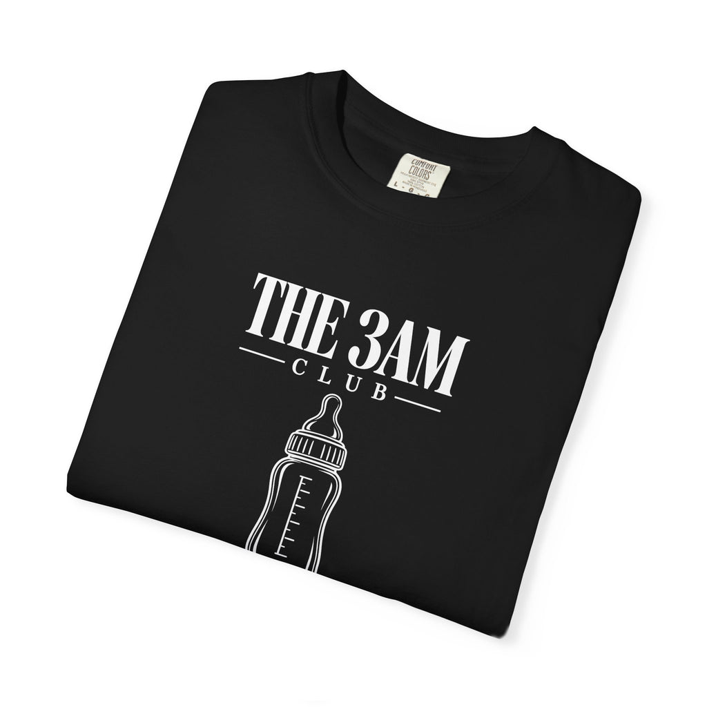 Black baby bottle graphic t-shirt with “THE 3AM CLUB” text and bottle icon on the front