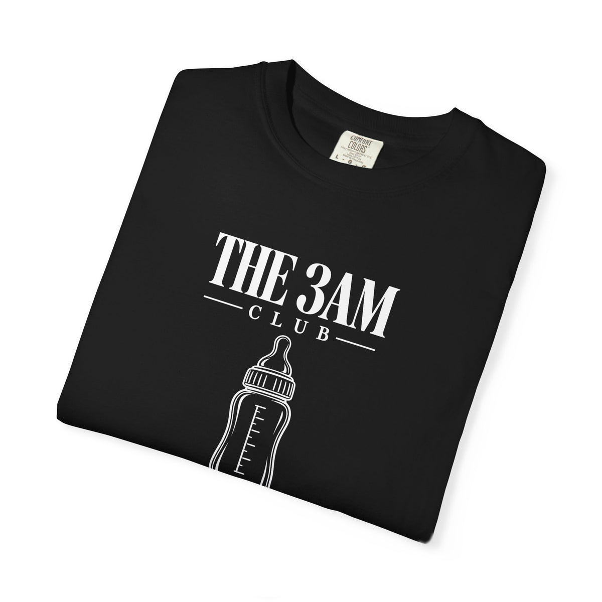 Black baby bottle graphic t-shirt with “THE 3AM CLUB” text and bottle icon on the front