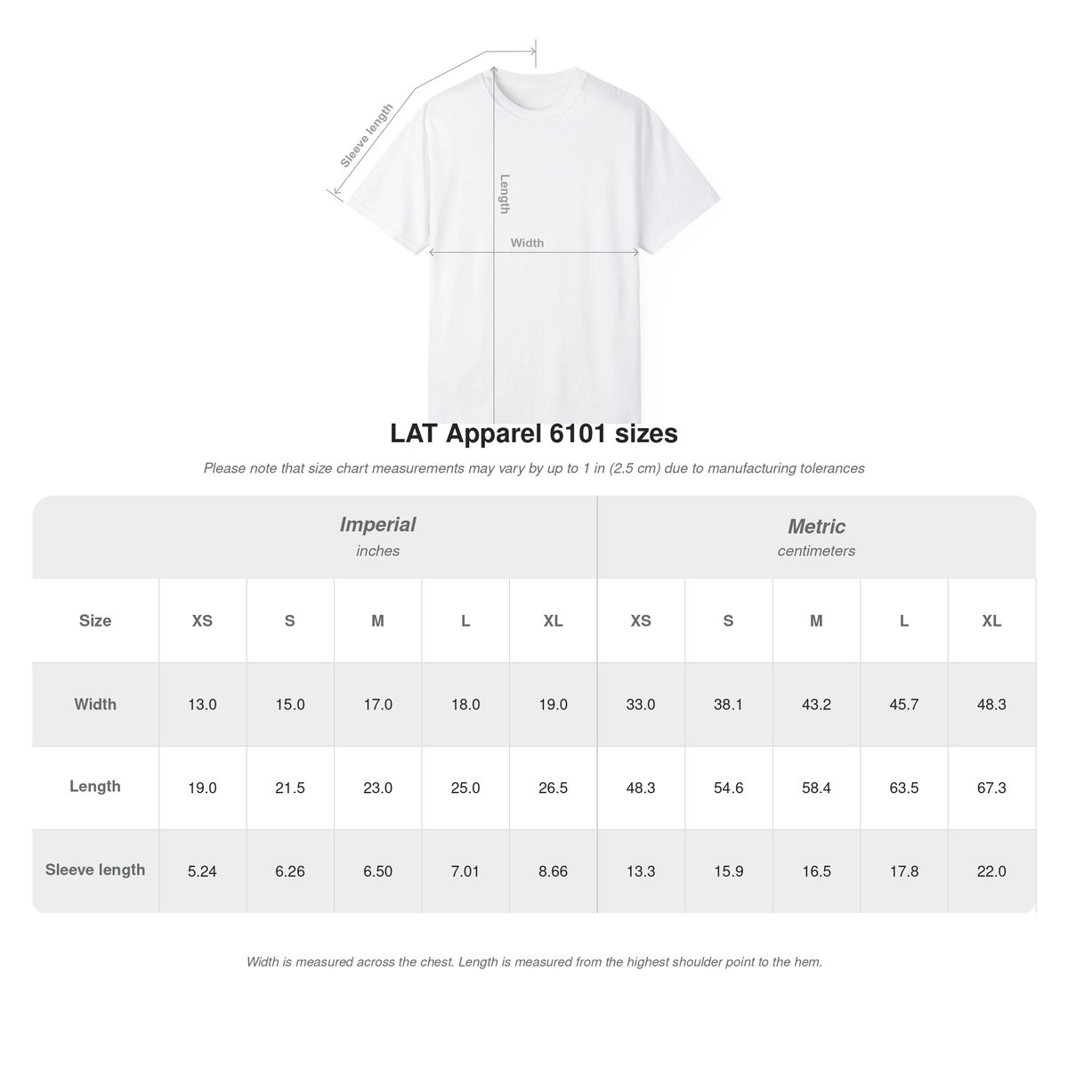 Kids T-shirt size chart with measurement table and shirt diagram