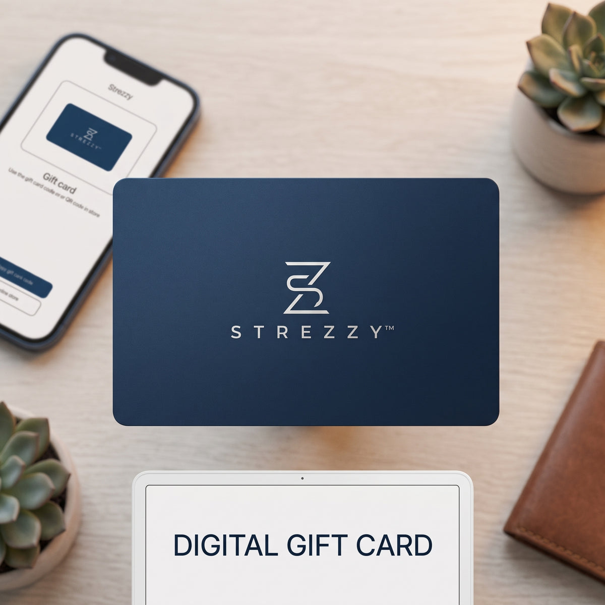 Digital gift card with Strezzy logo, dark blue card and white “DIGITAL GIFT CARD”